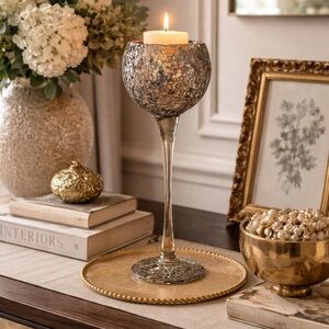 Tripar mosaic glass pedestal candle holder tall crackle style decor READ